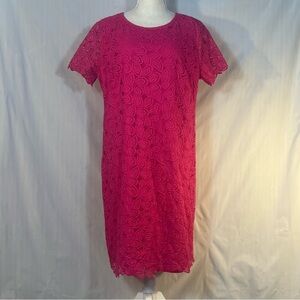 Ann Taylor Dress Rose Pink Lace Overlay Cotton Blend Illusion Short Sleeves 16